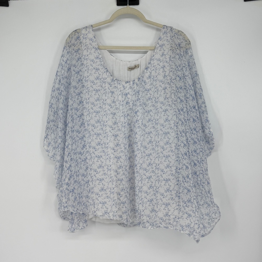 Marina Gigli 100% Silk Blouse Top M Blue Floral Sheer Italy Boho Flowy
